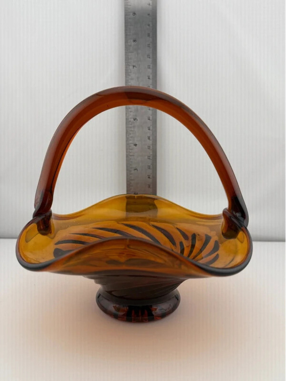 Rare Vintage Amber Art Glass Ruffled Basket Applied Handle Swirl Optic Footed